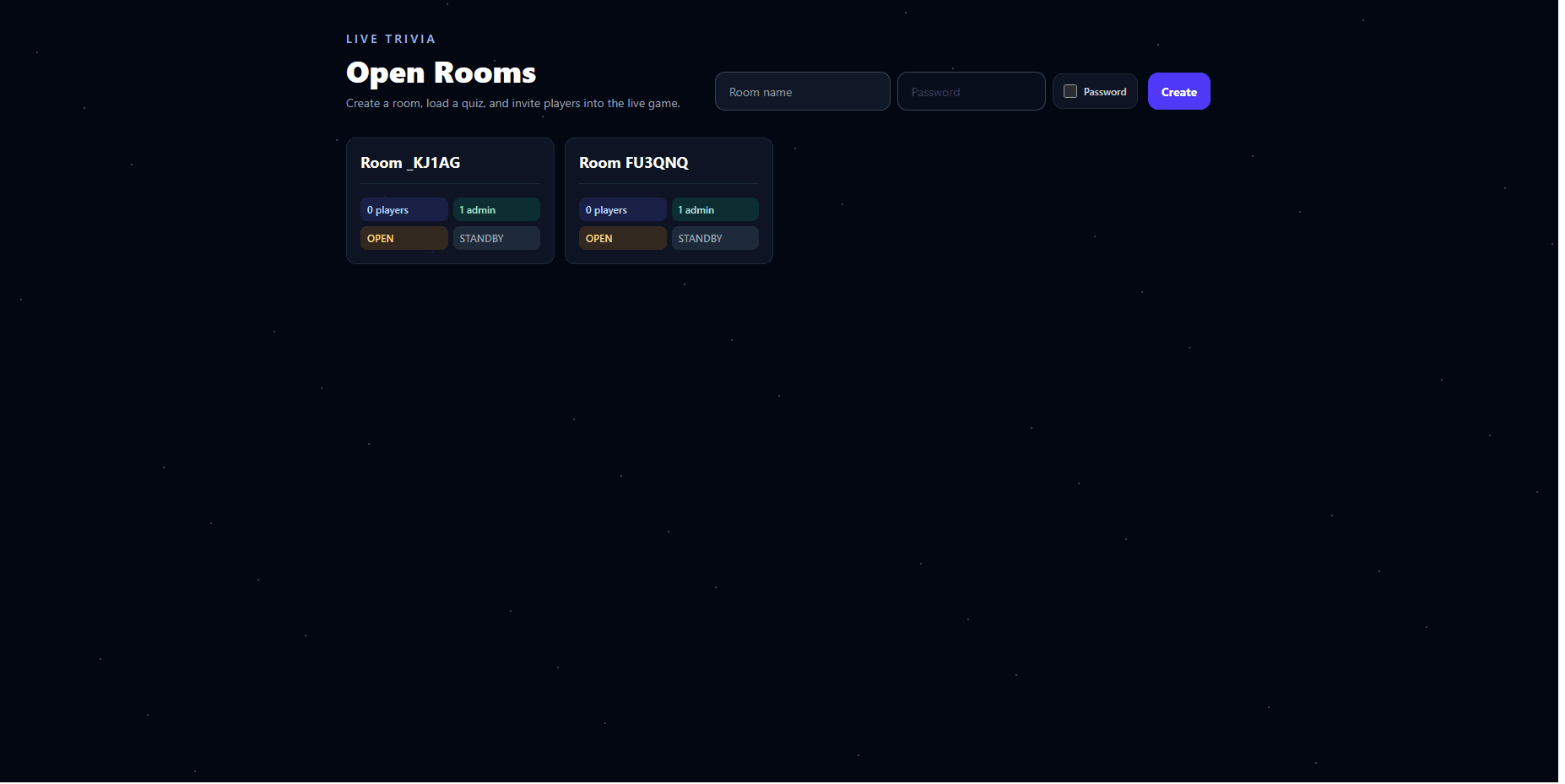 Live Trivia lobby showing open rooms, room creation, and room status cards