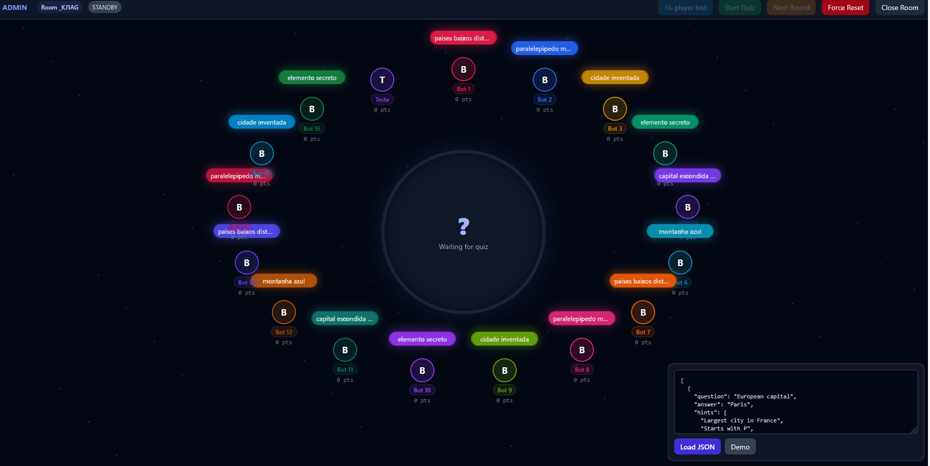 Admin room view with players arranged around a central quiz stage and live typing bubbles