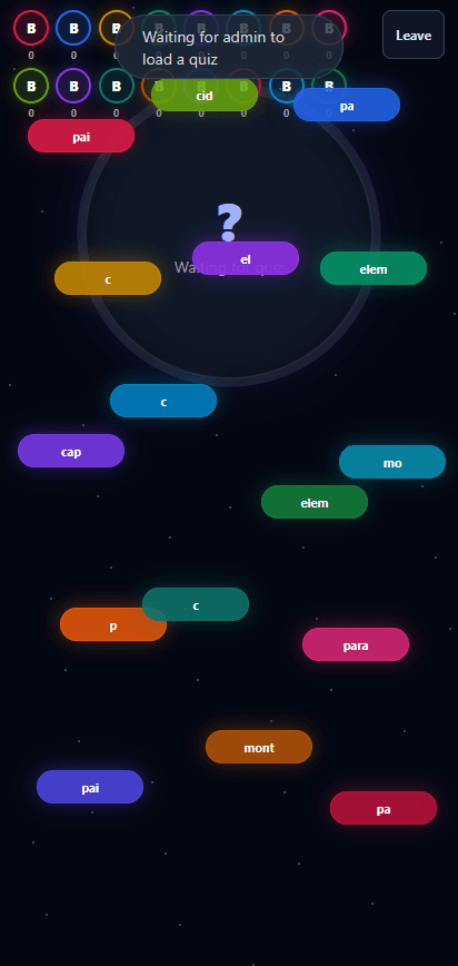 Mobile gameplay screen with compact player roster and floating typing bubbles